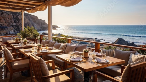terrasse de restaurant au bord de la mer, confortable et au calme avec vue dégagée photo