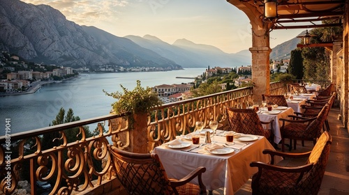 terrasse de restaurant au bord de la mer, confortable et au calme avec vue dégagée photo