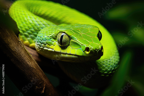 green snake on a tree branch in the jungle