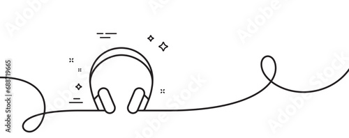 Headphones line icon. Continuous one line with curl. Music listening device sign. DJ or Audio symbol. Headphones single outline ribbon. Loop curve pattern. Vector