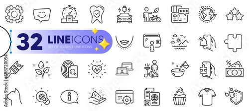 Outline set of Smile chat, Card and Seo gear line icons for web with Car charging, T-shirt, Brush thin icon. Wallet, Cooking water, Money tax pictogram icon. Waterproof, Seo targeting. Vector