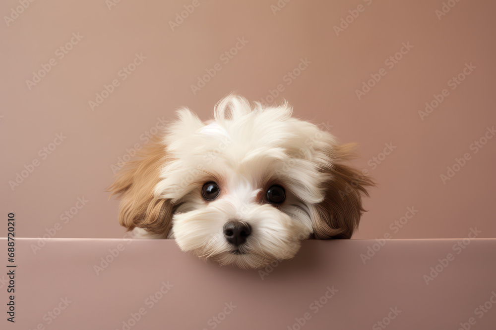 Fluffy white and brown puppy peeks out curiously from behind a beige background. Copy space. Fluffy white and brown puppy peeks out curiously from behind a beige background. Copy space.