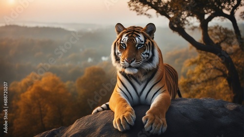 Tiger watching the view of foggy forest from the top of a high rock, sunset, with copy space


