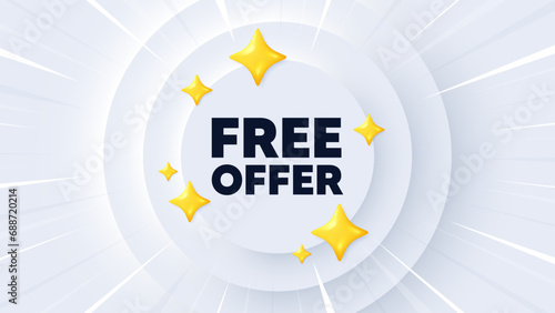 Free offer tag. Neumorphic banner with sunburst. Special offer sign. Sale promotion symbol. Free offer message. Banner with 3d stars. Circular neumorphic template. Vector