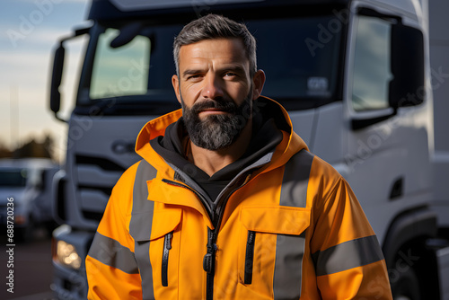 Male truck driver in high visibility clothing with truck