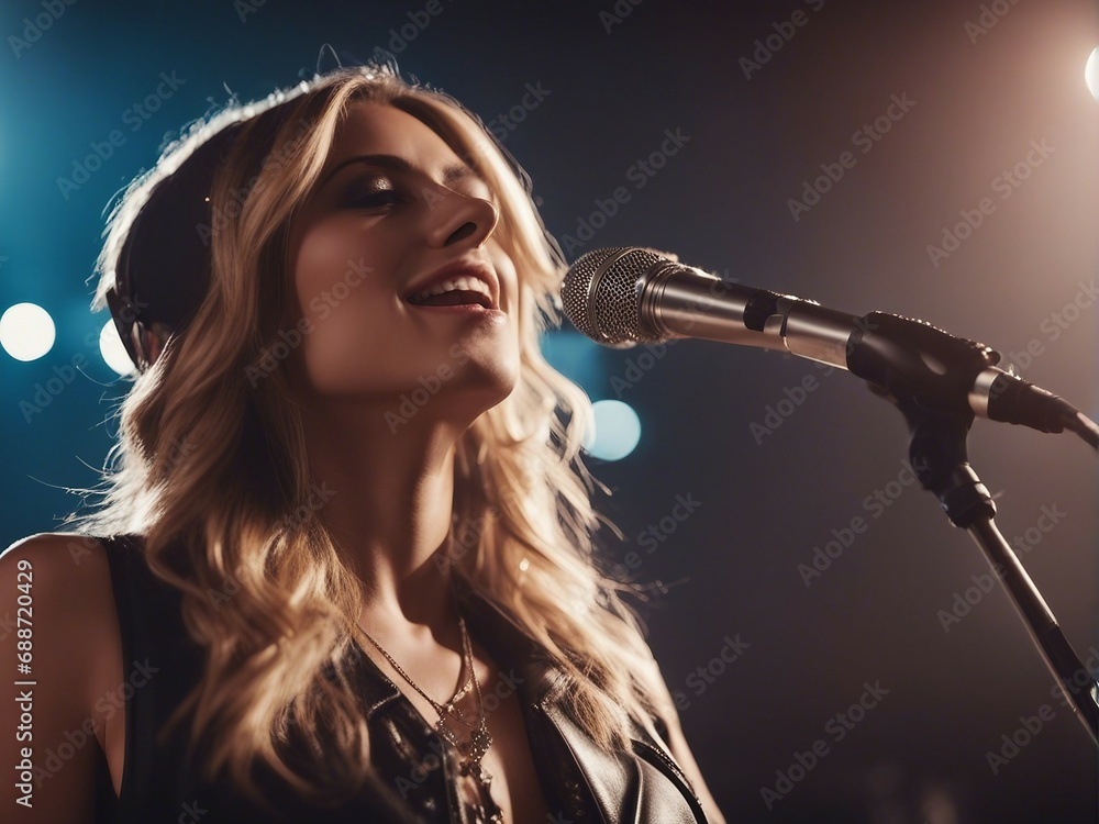 Woman playing electric guitar in a rock band. stage light coming from behind
Woman playing electric guitar in a rock band. stage light coming from behind