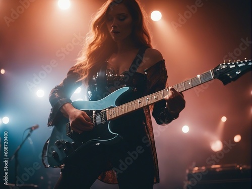 Woman playing electric guitar in a rock band. stage light coming from behind
