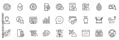Icons pack as Refrigerator, Energy inflation and Wallet line icons for app include Support consultant, User, Credit card outline thin icon web set. Artificial colors, Swipe up. Vector