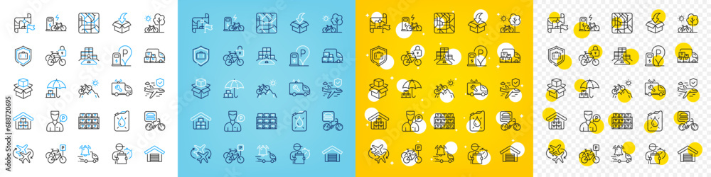 Vector icons set of Parking garage, Canister and Packing boxes line icons pack for web with Bicycle, Delivery man, Food delivery outline icon. Boxes shelf, Luggage protect. Vector Vector icons set of Parking garage, Canister and Packing boxes line icons pack for web with Bicycle, Delivery man, Food delivery outline icon. Boxes shelf, Luggage protect. Vector