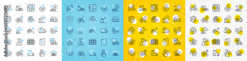 Vector icons set of Parking garage  Canister and Packing boxes line icons pack for web with Bicycle  Delivery man  Food delivery outline icon. Boxes shelf  Luggage protect. Vector