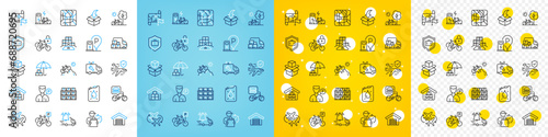 Vector icons set of Parking garage, Canister and Packing boxes line icons pack for web with Bicycle, Delivery man, Food delivery outline icon. Boxes shelf, Luggage protect. Vector