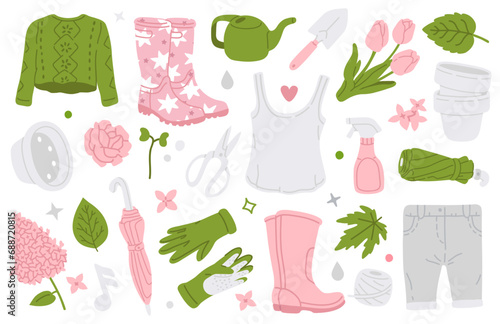 Vector illustration set of cute doodle garden tools for spring digital stamp,greeting card,sticker,icon,design