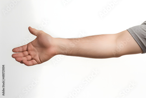 Extended human arm with open hand on white background