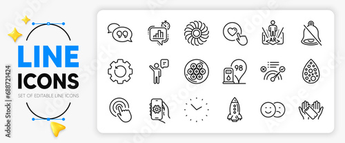 Quote bubble, Recovery gear and Correct answer line icons set for app include Artificial colors, Statistics timer, Mute outline thin icon. Smartphone holding, Petrol station. Vector