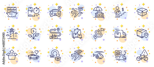Outline set of Medical helicopter, Journey and Parcel tracking line icons for web app. Include Open box, Delivery time, Send box pictogram icons. Airplane wifi, Fast delivery, Parking signs. Vector