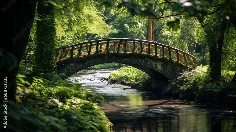 A perfect backdrop is provided by the beautiful view of greenery and a bridge in the forest.