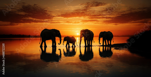 A family of African elephants moving at dusk in search of food.