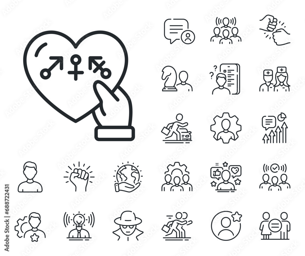 Inclusion sign. Specialist, doctor and job competition outline icons. Genders line icon. Gender diversity symbol. Genders line sign. Avatar placeholder, spy headshot icon. Strike leader. Vector