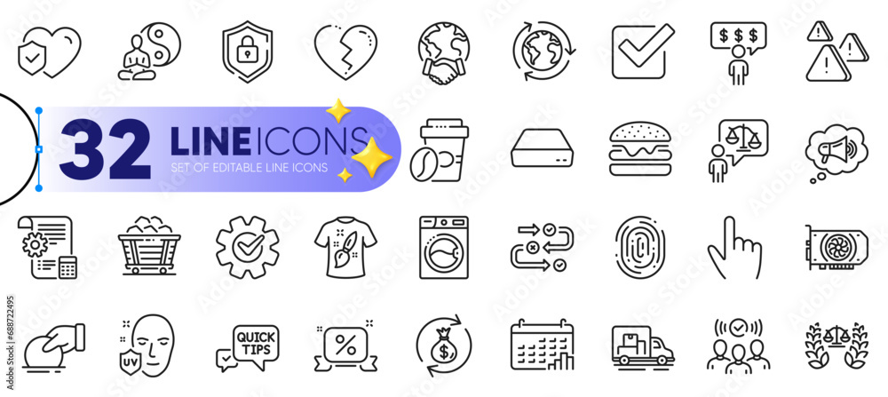 Outline set of Takeaway coffee, Mini pc and Squad line icons for web with Survey progress, Life insurance, Cursor thin icon. Money exchange, Shield, Lawyer pictogram icon. Broken heart. Vector