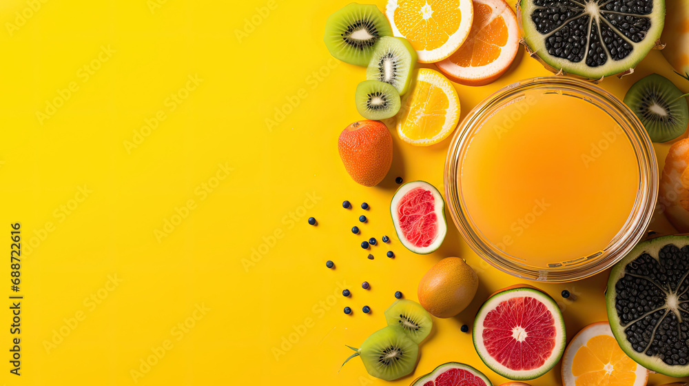 fresh fruit juice or cocktail in glass jar, dragon-fruit, kiwi, papaya, pineapple, orange, lime on yellow background with blank space, top view fresh fruit juice or cocktail in glass jar, dragon-fruit, kiwi, papaya, pineapple, orange, lime on yellow background with blank space, top view