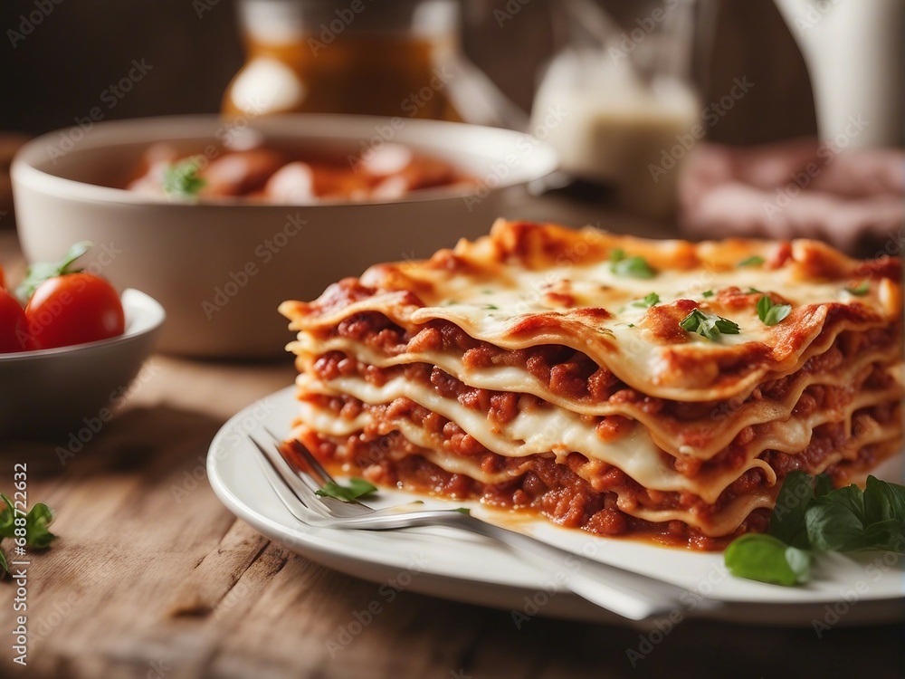 delicious home made traditional lasagna with ingredients at kitchen 

