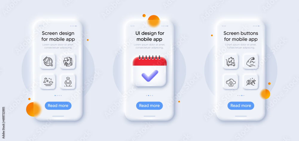 Difficult stress, Strong arm and Brush line icons pack. 3d phone mockups with calendar. Glass smartphone screen. Travel sea, Fast delivery, Supply chain web icon. Vector Difficult stress, Strong arm and Brush line icons pack. 3d phone mockups with calendar. Glass smartphone screen. Travel sea, Fast delivery, Supply chain web icon. Vector