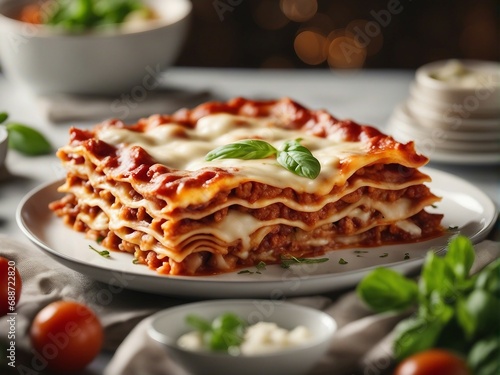 delicious home made traditional lasagna with ingredients at kitchen