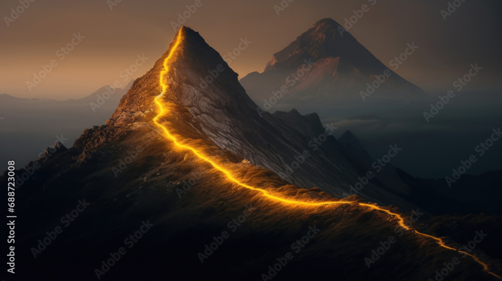 A glowing orange line along a mountain ridge leads to a mountain peak, fog - obrazy, fototapety, plakaty 