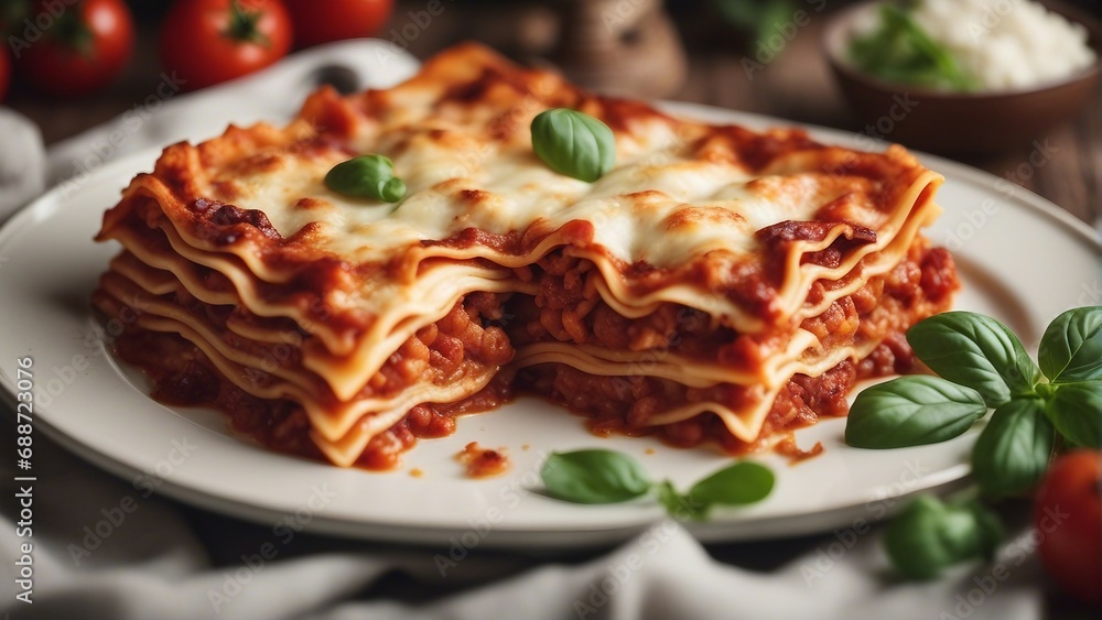 delicious home made traditional lasagna with ingredients at kitchen
delicious home made traditional lasagna with ingredients at kitchen