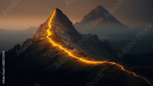 A glowing orange line along a mountain ridge leads to a mountain peak, fog photo