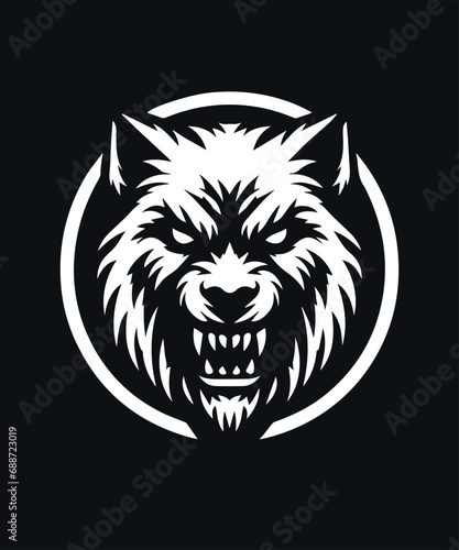 White White werewolf head on a black background. Flat vector illustration. Horror. Halloween on a black background. Flat vector illustration. Horror. Halloween