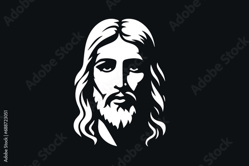 The white silhouette of Jesus' face on a black background. simple vector illustration