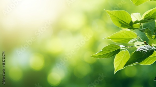 A close-up shot of a natural landscape scene featuring a green leaf against a blurred background with sunlight and bokeh, and natural plants as the backdrop.