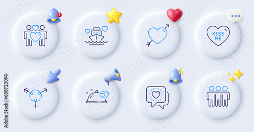Friends chat, Love couple and Friendship line icons. Buttons with 3d bell, chat speech, cursor. Pack of Kiss me, Romantic dinner, Love icon. Honeymoon cruise, Genders pictogram. Vector