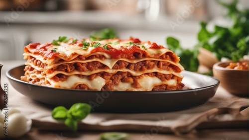 delicious home made traditional lasagna with ingredients at kitchen   