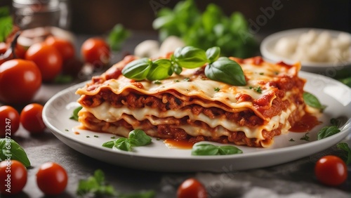delicious home made traditional lasagna with ingredients at kitchen