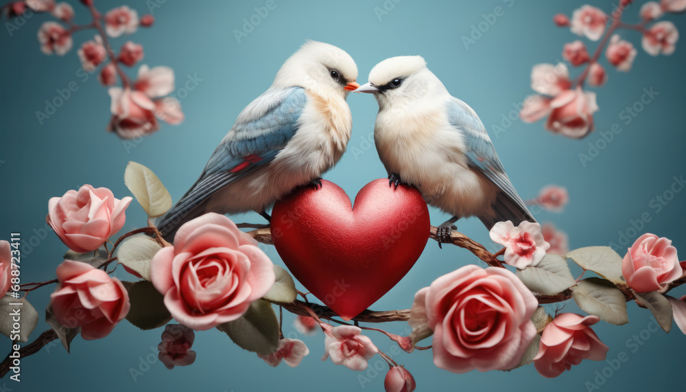 Greeting card with a couple of white birds, a heart and an arrow for Valentine's day