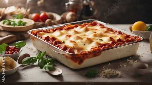close up view of delicious lasagna in plate 