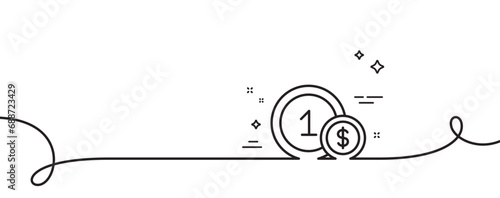 Coins line icon. Continuous one line with curl. Money sign. Dollar currency symbol. Cash payment method. Usd coins single outline ribbon. Loop curve pattern. Vector