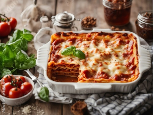 close up view of delicious lasagna in plate
 photo