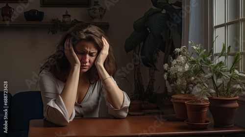 Woman with headache in home