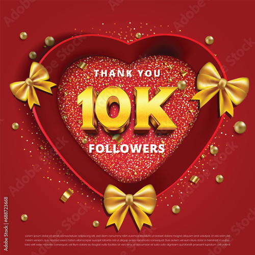 Thank you 10k followers, social media followers celebration vector template with red love box and gold ribbon