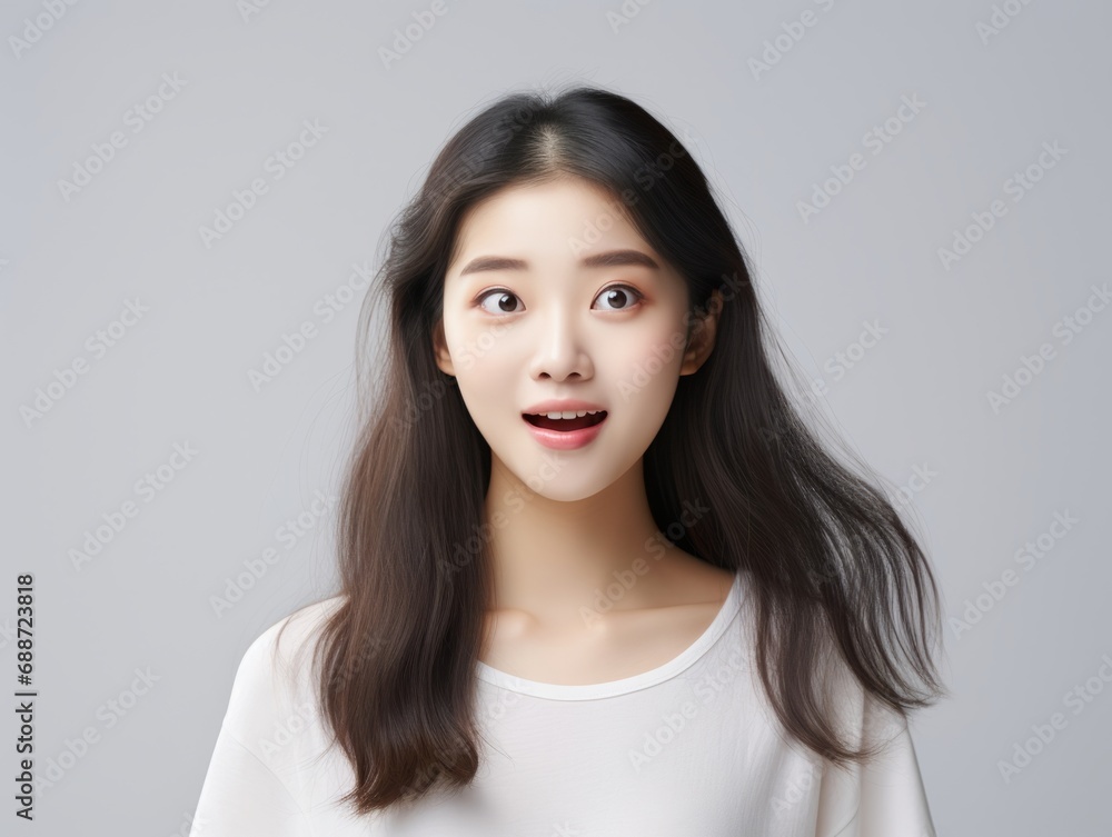 Woman with asian features who appears to be shocked Woman with asian features who appears to be shocked