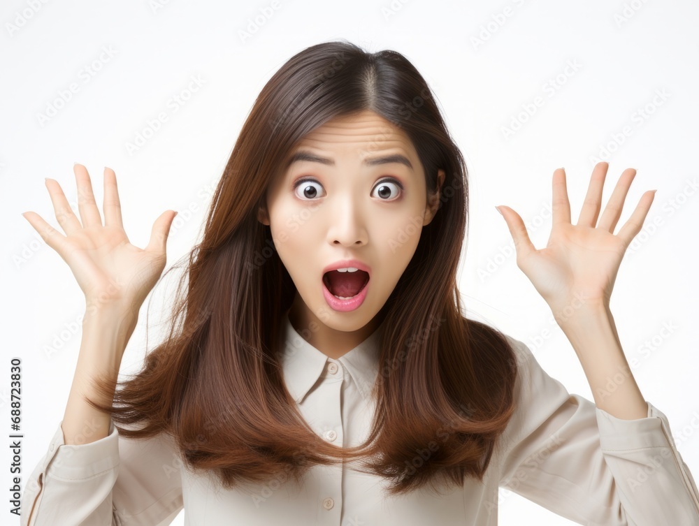 Woman with asian features who appears to be shocked Woman with asian features who appears to be shocked