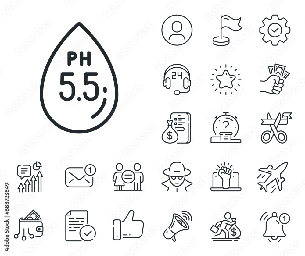 Fototapeta premium Clinically tested sign. Salaryman, gender equality and alert bell outline icons. Ph neutral line icon. Water drop symbol. Ph neutral line sign. Spy or profile placeholder icon. Vector