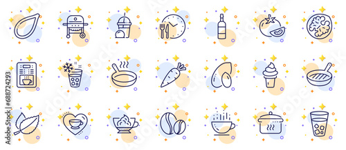 Outline set of Walnut, Pumpkin seed and Espresso cream line icons for web app. Include Coffee cup, Ice maker, Love coffee pictogram icons. Food time, Ice cream, Brandy bottle signs. Vector