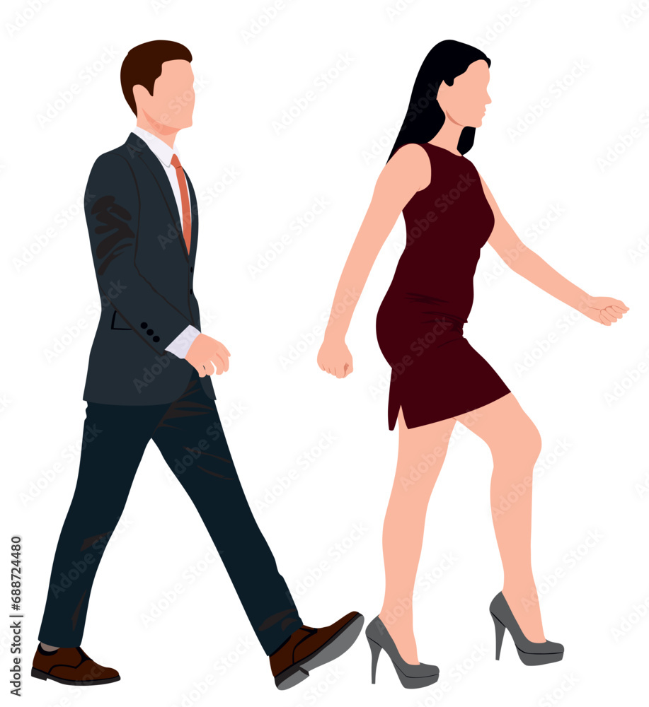 Pair of business man and woman in different pose walking. Business people posing. Pair of business man and woman in different pose walking. Business people posing.