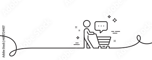 Buyer with shopping cart line icon. Continuous one line with curl. Customer think bubble sign. Supermarket client symbol. Buyer think single outline ribbon. Loop curve pattern. Vector