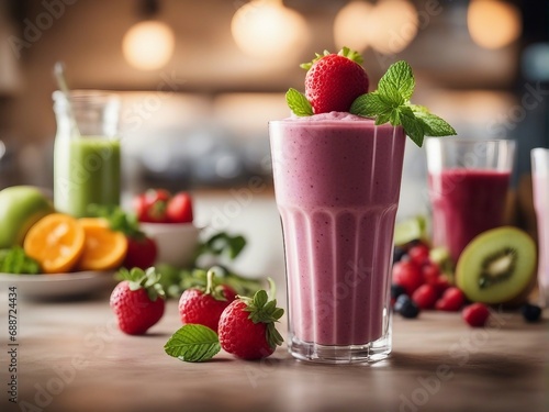 delicious smoothie with raw fruits at kitchen