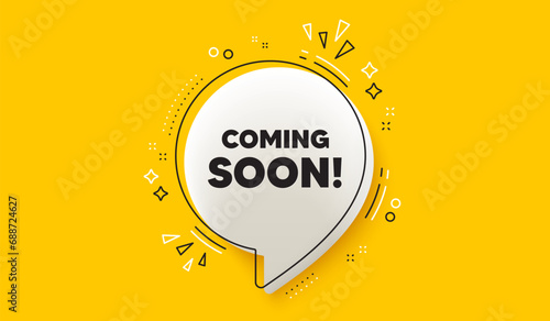 Coming soon tag. 3d speech bubble yellow banner. Promotion banner sign. New product release symbol. Coming soon chat speech bubble message. Talk box infographics. Vector